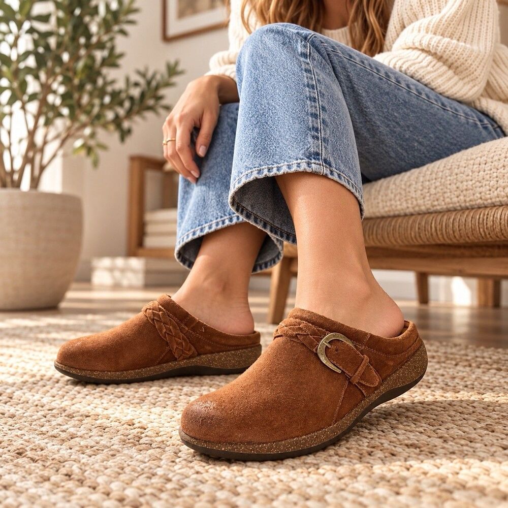 Aetrex Libby Comfort Clogs 9-9.5 Brown Suede Boho Grandpacore Comfort Shoes